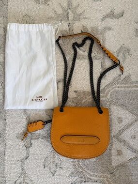 Coach Pebble Leather Crossbody in Mustard with Black Chain